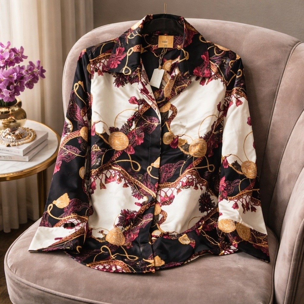 Chico's 2 No Iron No Wrinkle Button Up Shirt Black Gold Pink Paisley Baroque NEW